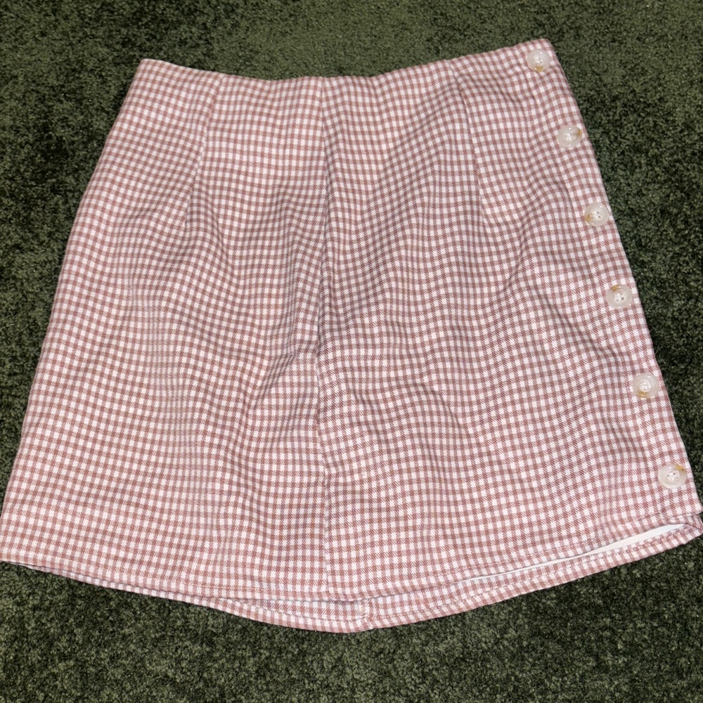 Brown Gingham Button-Trim A-Line Skirt